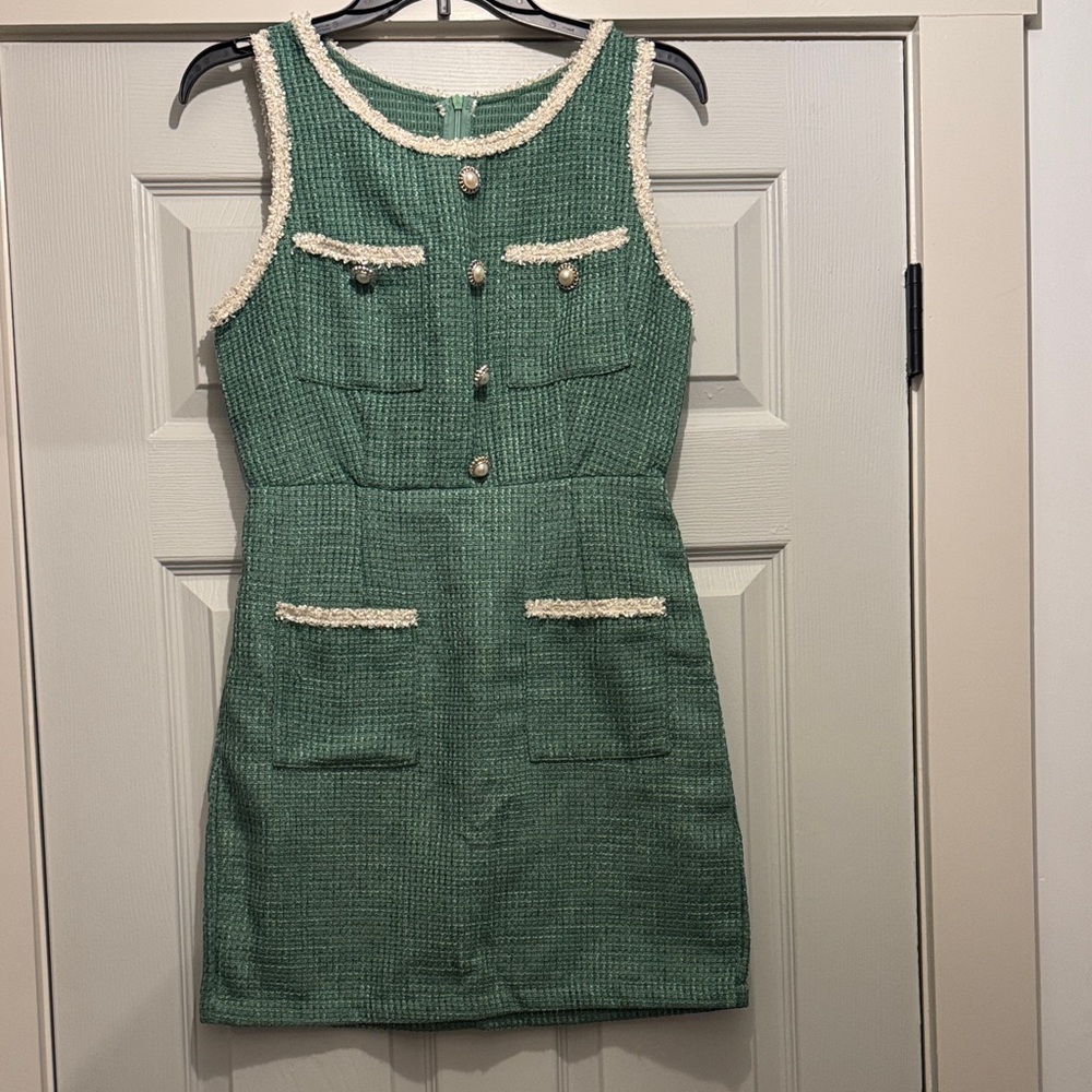 SHEIN Green Textured Mini Dress with Cream Trim